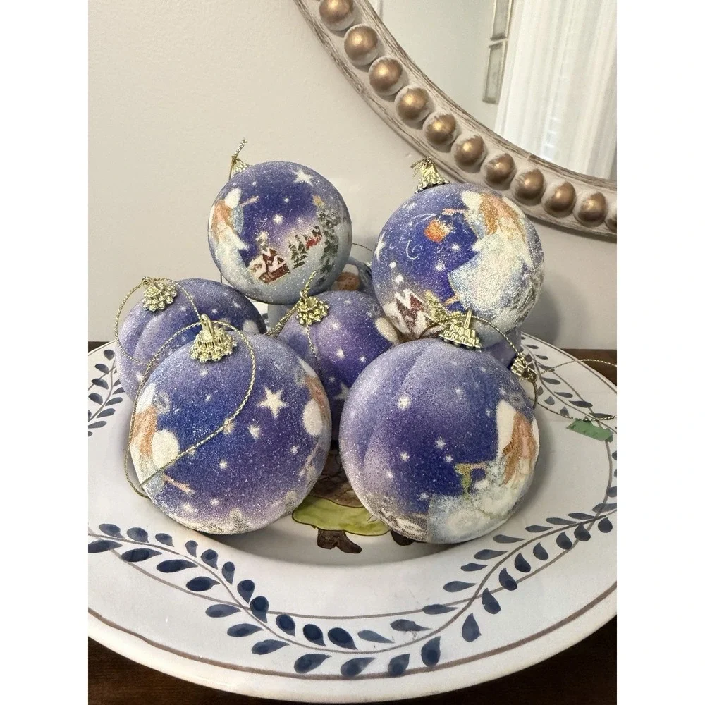 Vintage Sugared‎ Angel Christmas Ornaments Set 8 Blue Winter Village